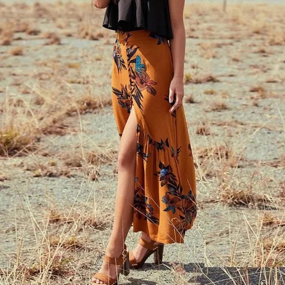 Electric Orchid Button MAXI Skirt Gold Red Floral - Picture 2 of 5